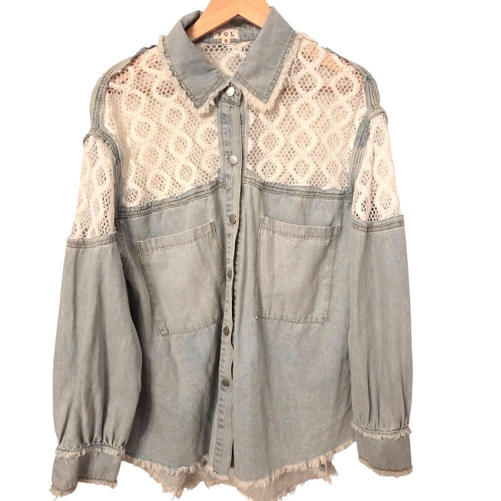 POL Lace Denim Shacket S Boho Cottagecore Western Button Front Chambray Jacket